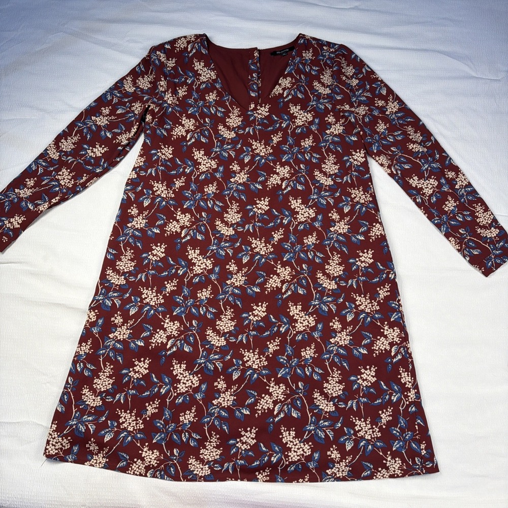 Madewell XS Burgundy Floral Long Sleeve Mini‎ Dress V-Neck Back Button Shift XS